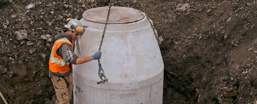 Ouvrier installant un réservoir béton dans un chantier.