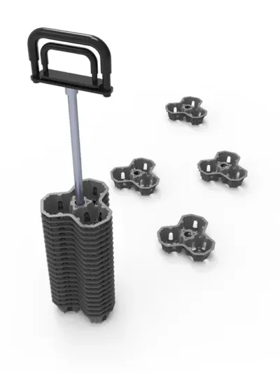 Poignée avec pile d'entretoises en plastique empilées.