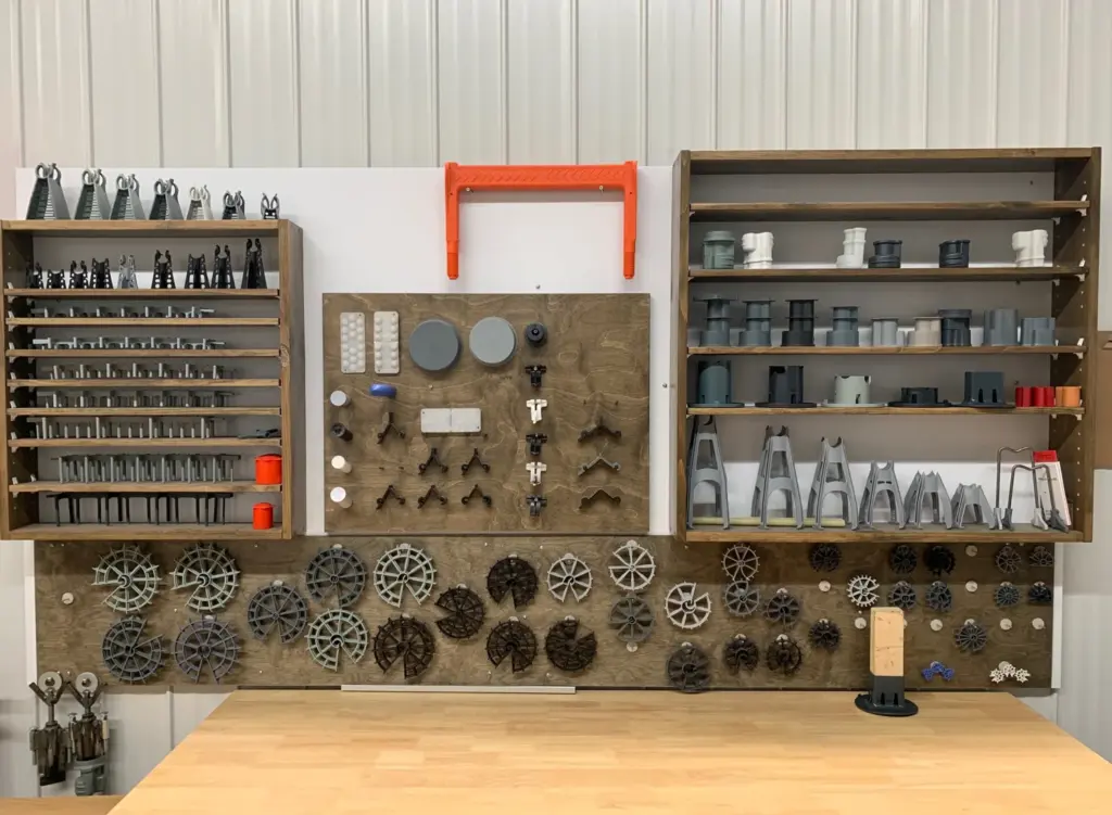 Atelier avec étagères et produits Plasti-Tom organisés sur un mur.