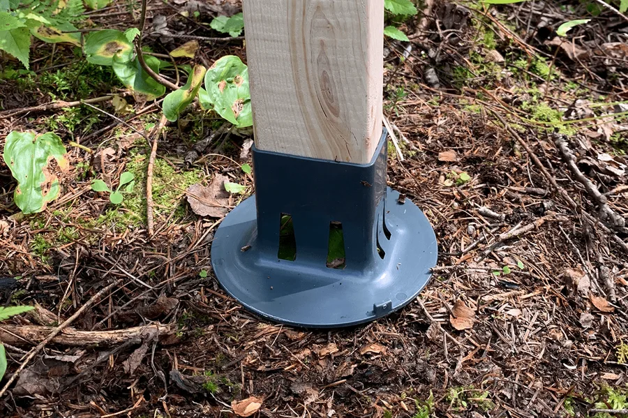 Support de poteau en bois sur sol forestier.